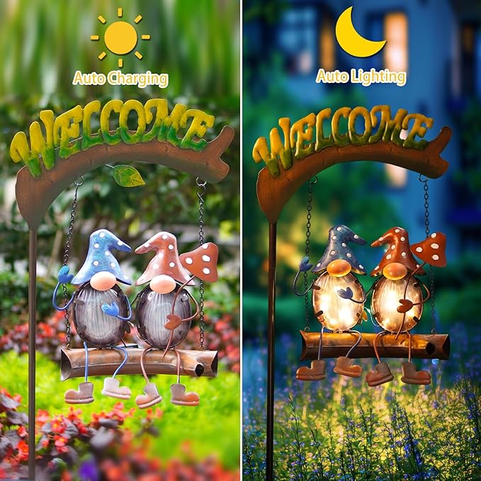 HONGLAND Solar Lights Outdoor Decor, Gnomes Swing Garden Decor, Funny Gifts for Women Mom, Gnomes Outdoor Decorations with Welcome Sign for Front Porch Patio-VerdiqueGarden