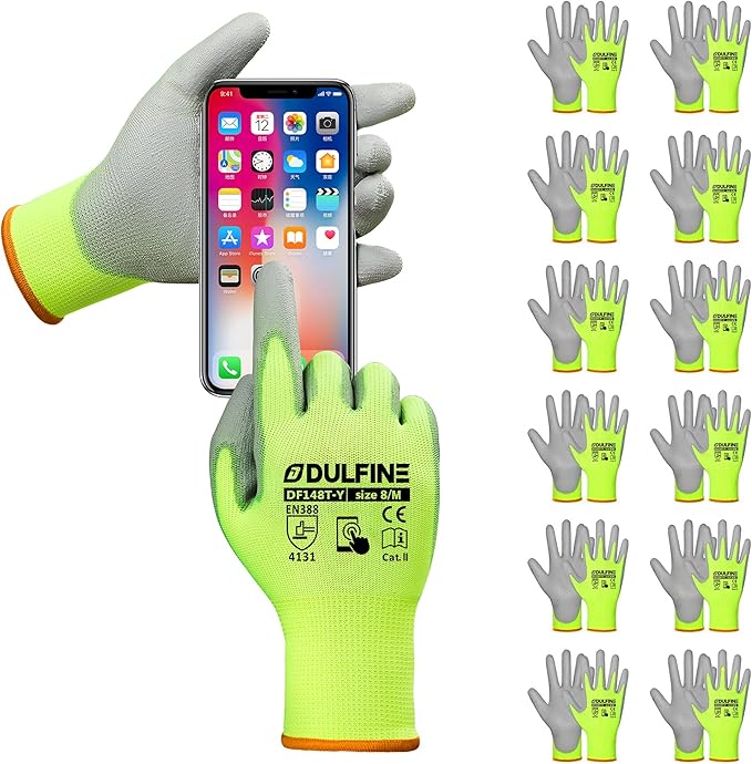 DULFINE Safety Work Gloves PU Coated for Men and Women-12 Pairs,Hi-Vis Seamless Knit Glove with Two Fingers Touchscreen,Ideal for General Duty Work (Medium)-VerdiqueGarden