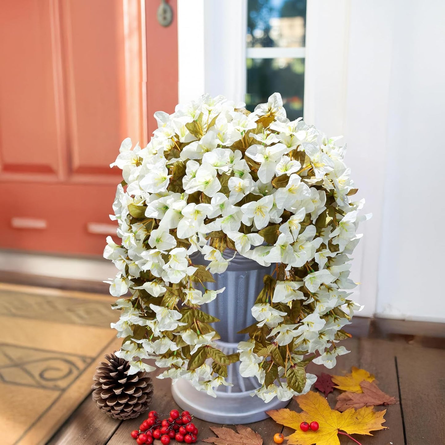 Bougainvillea Artificial Fall Hanging Flowers Plants for Outdoors Autumn Decoration, 2pcs Faux Bougainvillea Vines White Fake Flowers Realistic UV Resistant Silk Flowers for Outside Planter Yard Home-VerdiqueGarden