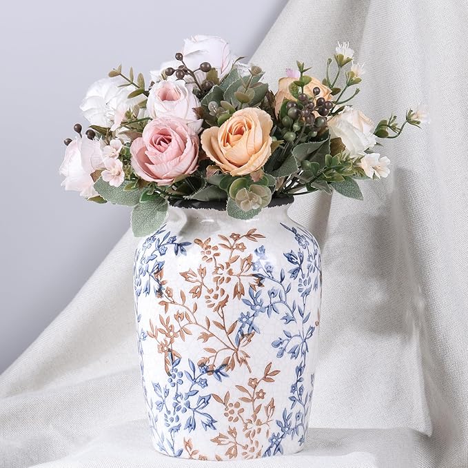 Vintage Vase for Flowers,Blue Chinoiserie Ceramic Vase,Rustic Farmhouse Cracked Vases,for Flower Arrangement,Living Room, Office, Shelf, Fireplace Tables,Centerpieces,Chinoiserie Pottery Decor(C)-VerdiqueGarden