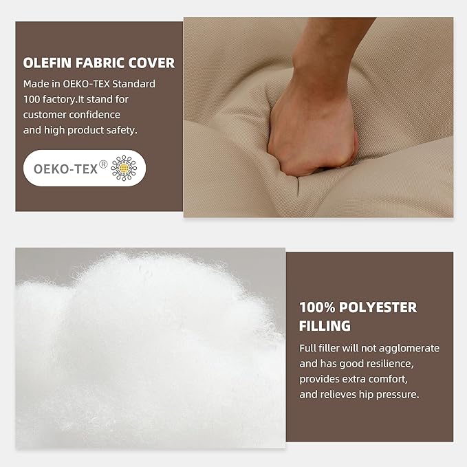 RACE LEAF Outdoor Seat Cushions Set of 2, 17" x 17" Square Patio Cushions, Plump Filling Tufted Water-Resistant Olefin Chair Seat Cushion with Ties for Non-Slip Support, Khaki-VerdiqueGarden