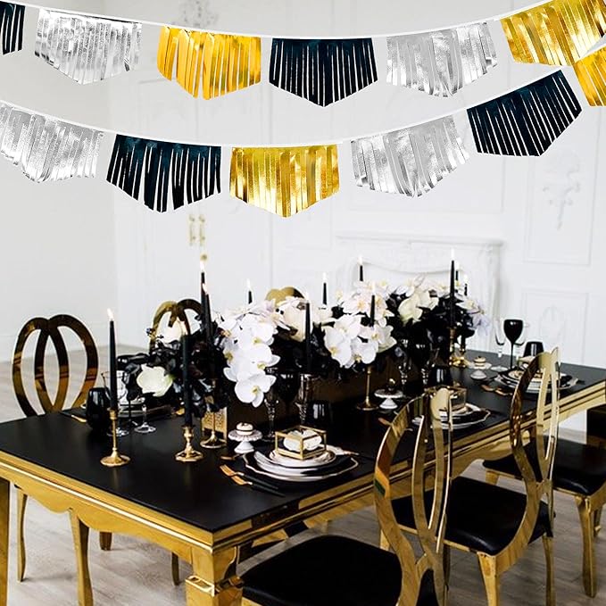 Black Silver Gold Tassel Banner Double Sided Metallic Fabric Pennant Bunting Flag Garland for Graduation Birthday Anniversary Bachelorette Engagement Wedding Bridal Shower Party Decorations Supplies-VerdiqueGarden