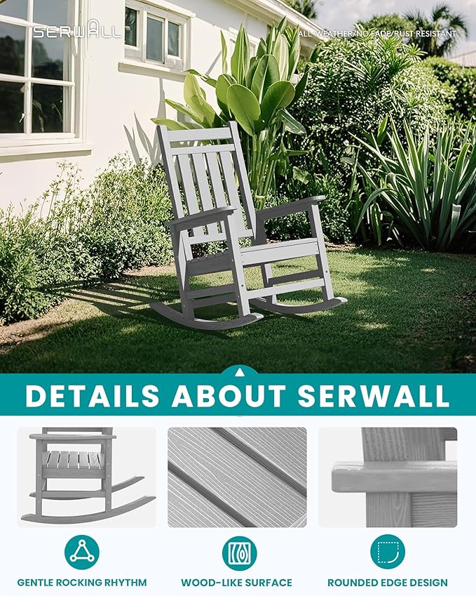 SERWALL Oversized Outdoor Rocking Chair Set of 4, HDPE Rocker for Adults, Patio Rocking Chairs for Porch, Sliver Gray-VerdiqueGarden
