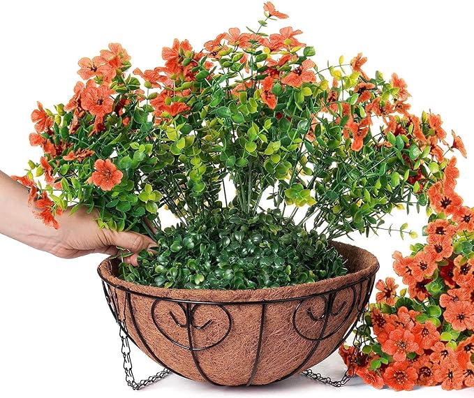 Artificial Fake Fall Hanging Plants Flowers Basket for Outdoor Decor, Faux Silk Orange Mums Daisy in Planter Look Real UV Resistant for Autumn Porch Home Patio Garden Yard Decoration-VerdiqueGarden