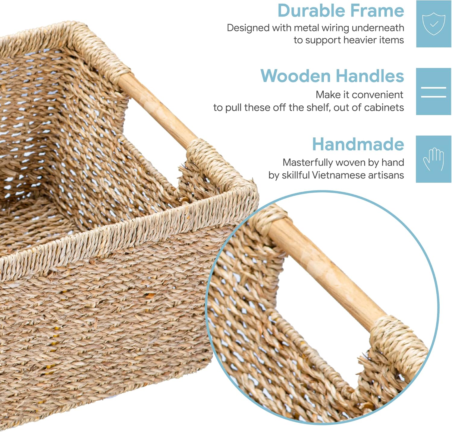 Large Wicker Basket Rectangular with Wooden Handles for Shelves, Seagrass Basket Storage, Natural Baskets for Organizing, Wicker Baskets for Storage - 3 Pack Large-VerdiqueGarden
