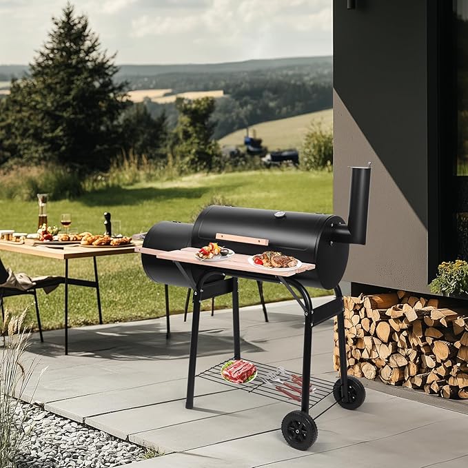 Outvita BBQ Charcoal Grill, Outdoor Patio Barbecue Cooker with Offset Smoker, Wheels and Tray for Balcony Picnics, Party and Camping-VerdiqueGarden