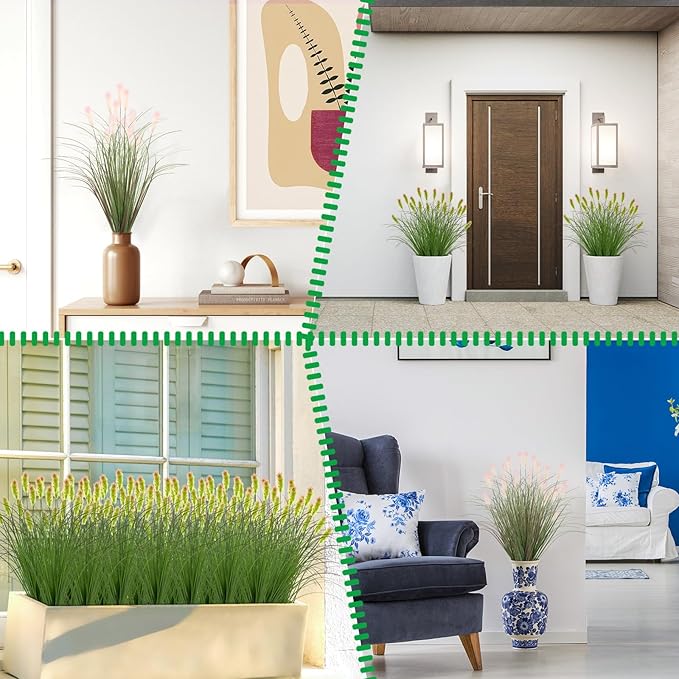 Artificial Grasses Plants Oudoor 24 Bunches Onion Grass Greenery with Plush Faux Fake Shrubs Plant Onion Wheat Grass for Outside Garden Indoor House Home Office Décor (Light Purple & Pink Plush-VerdiqueGarden