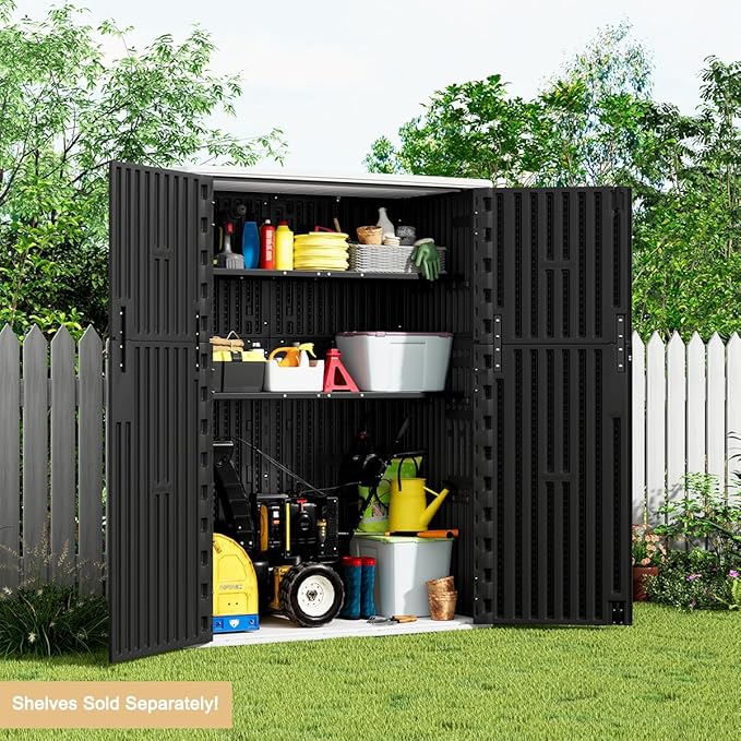 KINYING Outdoor Vertical Storage Shed,57 Cu.ft Outdoor Storage Cabinet Waterproof,Resin Sheds & Outdoor Storage Clearance for Garden,Patio,Backyard,Lockable (Black)-VerdiqueGarden