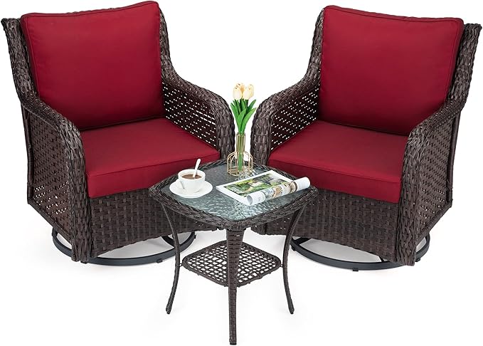 Towallmark Outdoor Swivel Wicker Glider Patio Chairs with Table Set, 3 Pieces Outdoor Bistro Set with 4”Thick Cushions and Coffee Table for Porch, Balcony, Deck (Red)-VerdiqueGarden