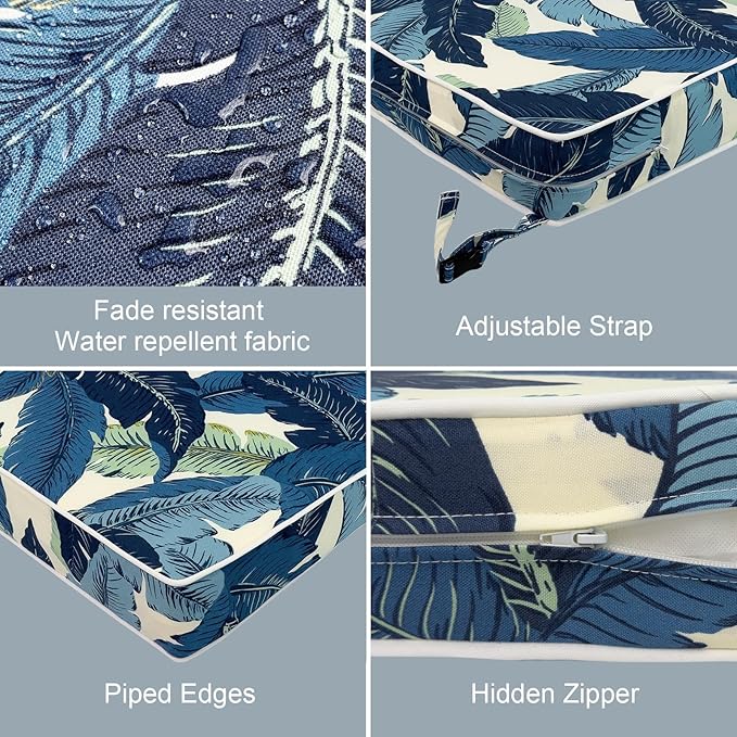 LVTXIII Patio Chair Cushions 22"x22"x3", Water-Repellent Outdoor Seat Cushions for Patio Furniture, Square Chair Pads with Ties for Home Garden Decoration, Set of 2, Swaying Palms Blue-VerdiqueGarden