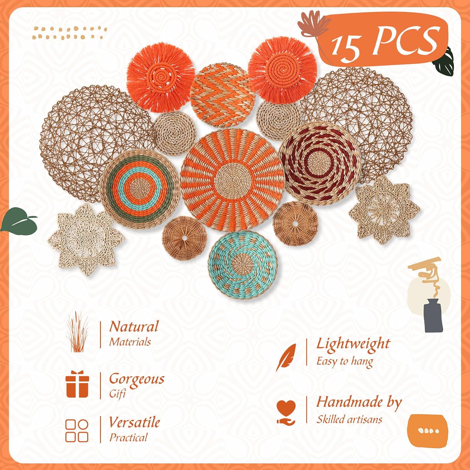 15 Pcs Boho Wall Basket Decor Woven Rattan Seagrass Wall Decor Hanging Rustic Farmhouse Western Art Decoration for Nursery Living Room Bedroom Home Kitchen(Orange Style)-VerdiqueGarden