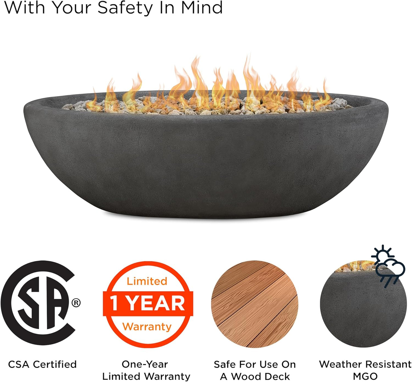 Real Flame Riverside 58" Oval Propane Fire Pit Bowl, Push-Button Ignition, Includes 28" Stainless Steel Burner, Lightweight 50,000 BTUs of Heat - Adjustable Flame Height-VerdiqueGarden