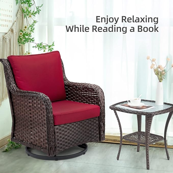 Towallmark Outdoor Swivel Wicker Glider Patio Chairs with Table Set, 3 Pieces Outdoor Bistro Set with 4”Thick Cushions and Coffee Table for Porch, Balcony, Deck (Red)-VerdiqueGarden
