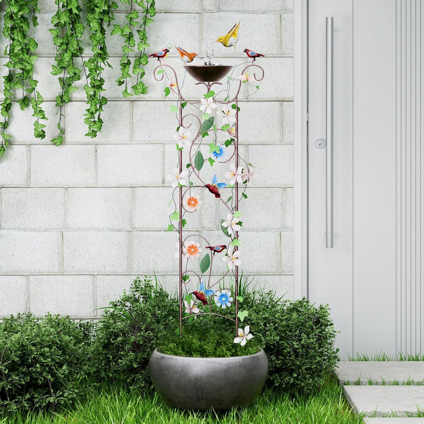 Bird Bath for Outside - Antique Iron Bird Bath with Trellis,Detachable Decorative Hummingbird Bowl,Metal Plant Support for Climbing Flowers,Elegant Outdoor Garden Feature (Hummingbird)-VerdiqueGarden