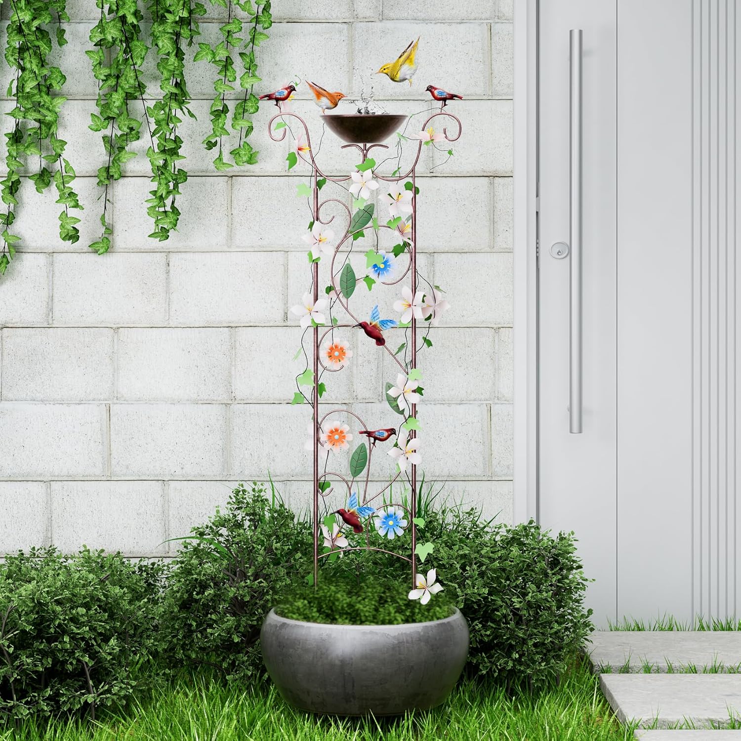 Bird Bath for Outside - Antique Iron Bird Bath with Trellis,Detachable Decorative Hummingbird Bowl,Metal Plant Support for Climbing Flowers,Elegant Outdoor Garden Feature (Hummingbird)-VerdiqueGarden