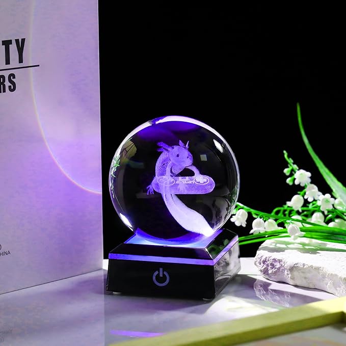 Axolotl Glass Animals Gamer Room Decor - 3D Crystal Ball Night Light Statue, 3.15'' Gamer Gifts for Kids-VerdiqueGarden