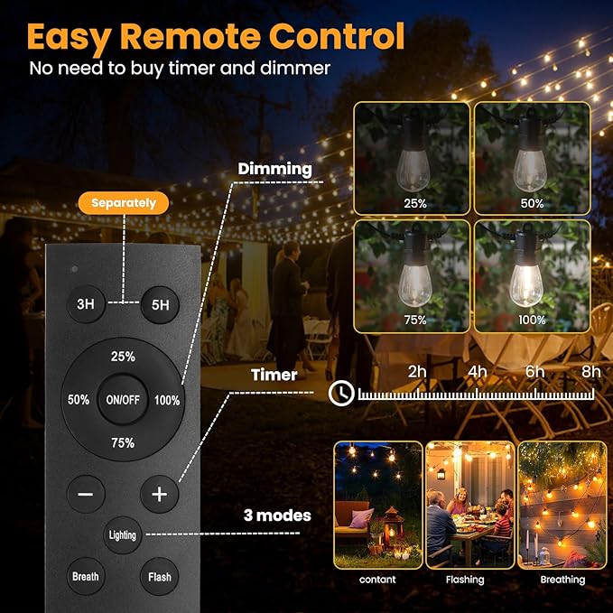 104FT(98+6) Solar String Lights Outdoor Waterproof, Solar Powered Patio Light with 30+2 Dimmable S14 Edison Bulbs Shatterproof & Remote Control, Solar String Lights for Outside Garden Backyard-VerdiqueGarden