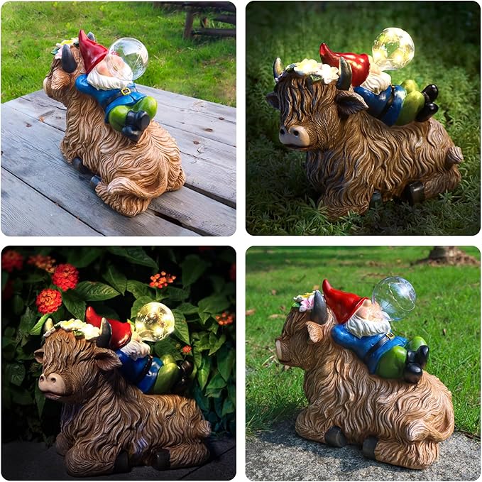 Solar Highland Cow Gnome Garden Decor Statue, Outdoor Funny Solar Light Decoration for Yard, Patio, Lawn, Unique Housewarming, Birthday Gift for Women, Mom, Grandma-VerdiqueGarden