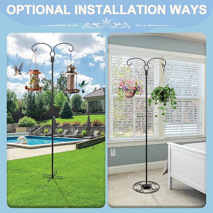 Liitrton 62.6 Inch Shepherds Hooks for Outdoor, Adjustbale Double Shepherds Hooks Hummingbird Feeder Stand Bird Feeder Pole Wind Chime Stand with Round Base, 4 Prongs Base and Water Weight Bag-VerdiqueGarden