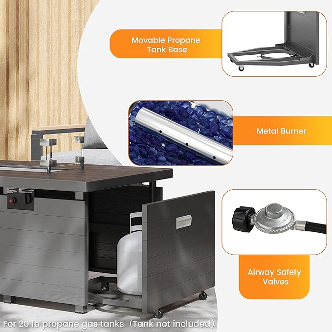 Sundale Outdoor 51 Inch Outdoor Fire Pit Table, 50,000 BTU Rectangle Propane Fire Pit with Glass Wind Guard, Rain Cover, Removable Lid, Matching with Outdoor Furniture Sets, CSA Certified, Gray-VerdiqueGarden