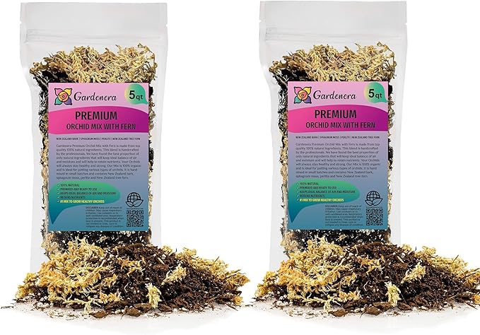 Premium Orchid Mix by GARDENERA - 10 Quart - Fern + New Zealand Pine Bark + Sphagnum Moss + Perlite | Best for Growing and Repotting Orchids (2 Bags of 5 QT)-VerdiqueGarden