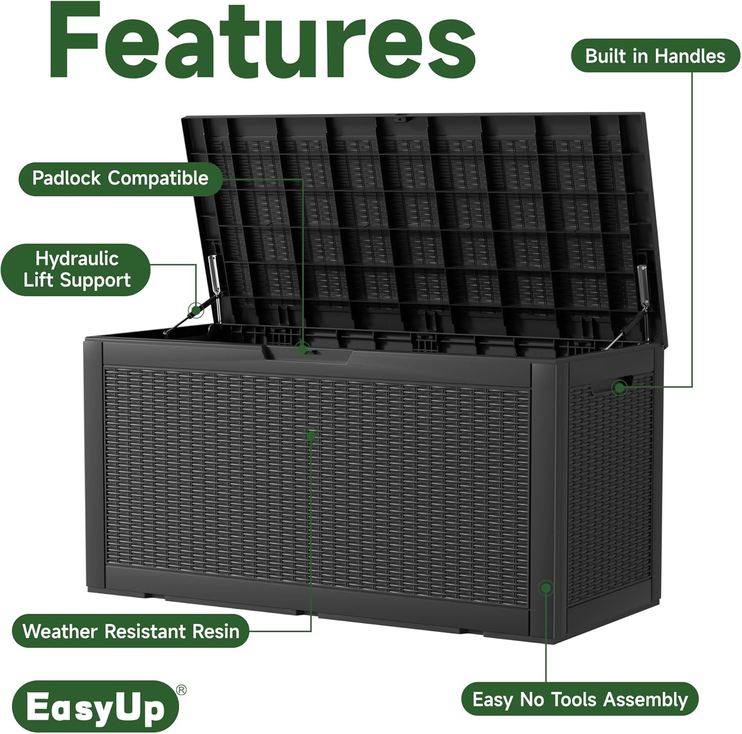 100 Gallon Outdoor Storage Box Waterproof, UV Resistant Resin Deck Box with Hydraulic Rod, Reinforced Stability for Patio, Garden, Rattan Black-VerdiqueGarden