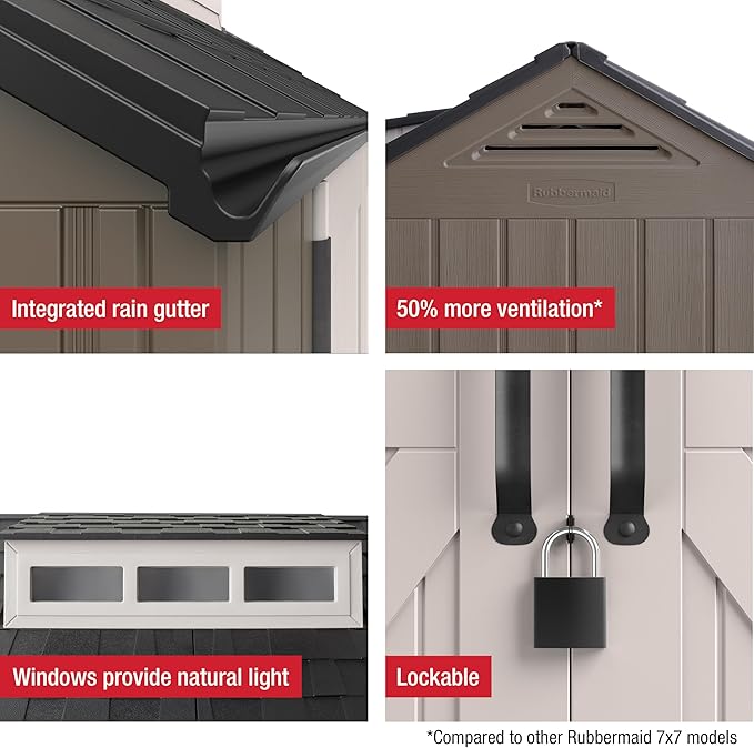 Rubbermaid Extra Large Resin Outdoor Storage Shed With Floor (7 x 10.5 Ft.) Weather Resistant Brown Organization for Home/Lawn Mower/Backyard Equipment/Bike Storage/Pool Supplies-VerdiqueGarden