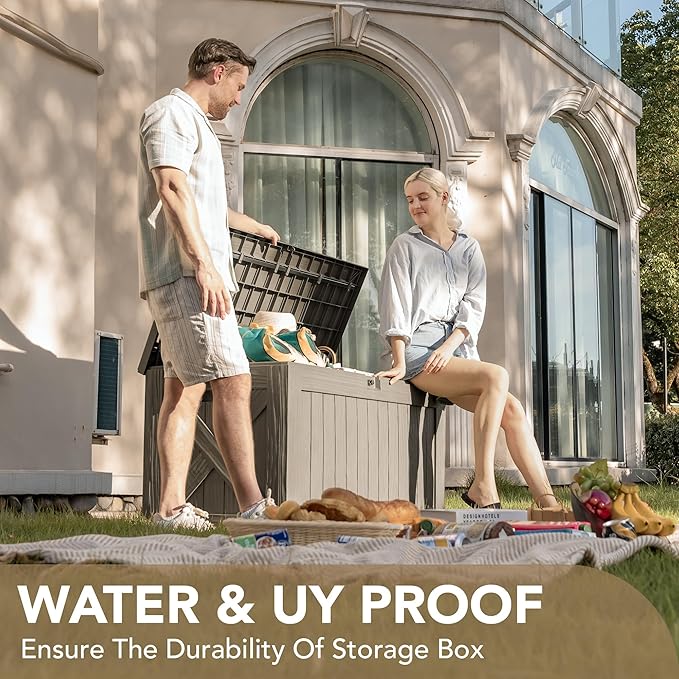 Devoko 120 Gallon Deck Box Resin Outdoor Storage Box Waterproof for Patio, Large Outdoor Storage Bench Lockable for Outside (Brown)-VerdiqueGarden