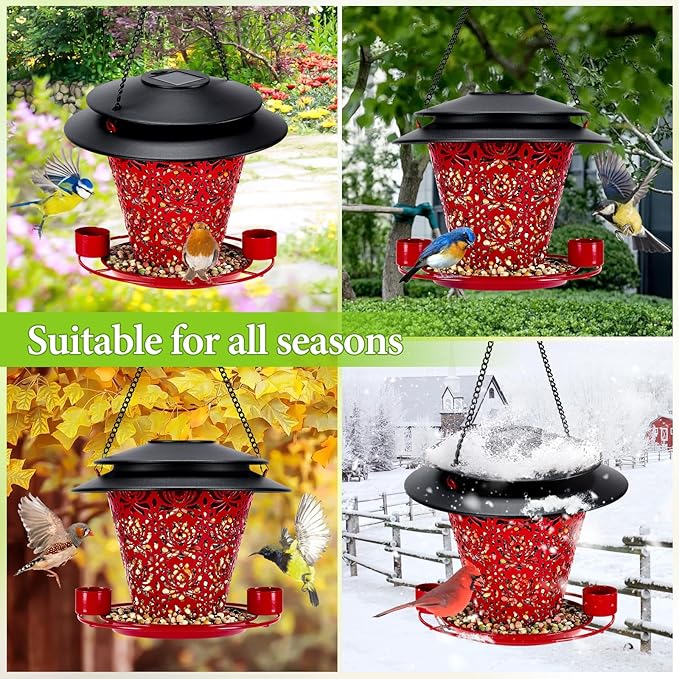 Solar Bird Feeders for Outside Hanging Metal Wild Bird Feeder Solar Lanterns Outdoor Waterproof Garden Decor for Yard red-VerdiqueGarden