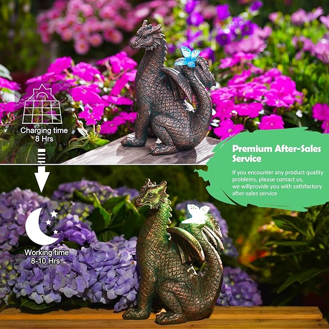 Garden Decor Solar Dragon Statues: Outdoor Sculptures with Glowing Butterfly for Lawn Ornaments Yard Art Porch Patio Balcony - Gifts for Mom Grandma Women-VerdiqueGarden