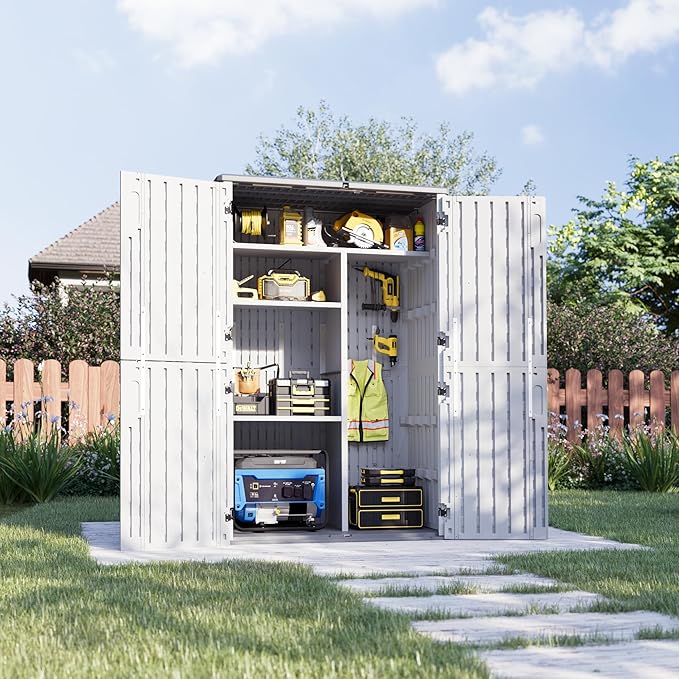 Aoxun 64 Cu.Ft Outdoor Storage Shed with Shelving Kit and Floor, Waterproof Horizontal Resin Cabinet for Trash Cans, Lawn Mowers, Generators, and Garden Tools-VerdiqueGarden