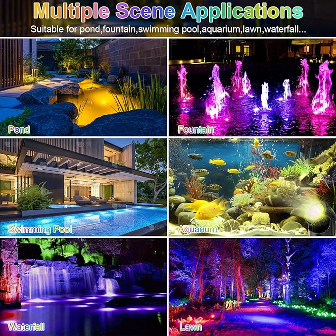 RGB Underwater Pond Lights, 20 Colors Dimmable Fountain Lights with Timer, IP68 Waterproof Underwater Submersible Led Lights with Remote Control for Outdoor Ponds Aquarium Garden Pool (Set of 4)-VerdiqueGarden