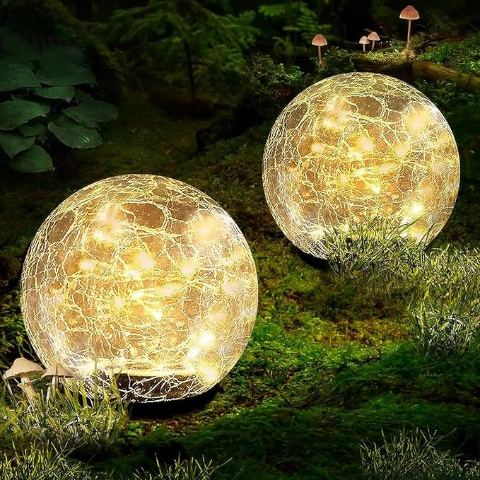 Garden Solar Ball Lights Outdoor Waterproof, 50 LED Cracked Glass Globe Solar Power Ground Lights for Path Yard Patio Lawn, Christmas Decoration Landscape Warm White(2 Pack 4.7'')-VerdiqueGarden