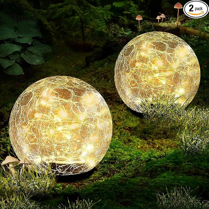 Garden Solar Ball Lights Outdoor Waterproof, 30 LED Cracked Glass Globe Solar Power Ground Lights for Path Yard Patio Lawn, Christmas Decoration Landscape Warm White(2 Pack 3.9'')-VerdiqueGarden
