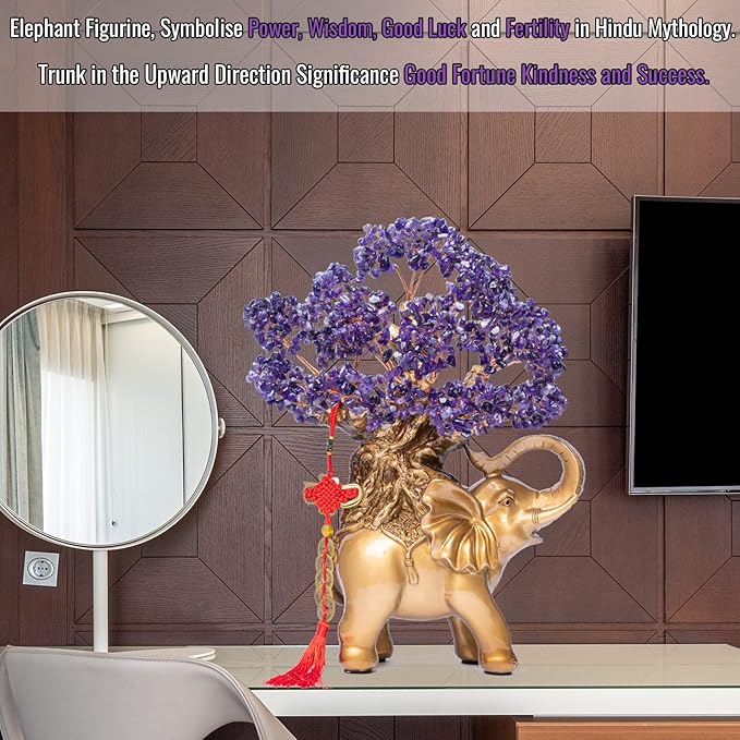 Amethyst Crystal Money Tree on Gold Elephant Statue, 17”Large Gemstone Bonsai Tree of Life Home Décor Gifts for Wealth Positive Energy, Feng Shui Décor-VerdiqueGarden