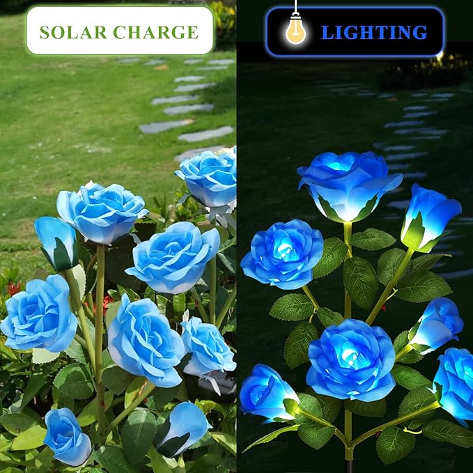 DWH 2 Pack Solar Garden Lights Outdoor, 7-Flower Rose LED Stake Light for Yard Patio Pathway Lawn Fence Cemetery, Blue-VerdiqueGarden