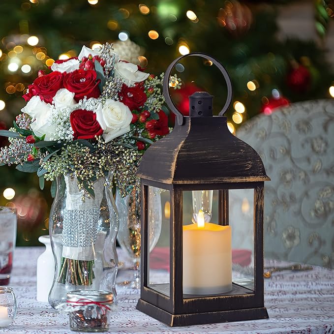 Vintage Lantern Decorative LED Flickering Flameless Candle with Timer, Battery Powered LED Decorative Hanging Golden Brushed Black Lanterns for Indoor Outdoor Garden Yard Home Decor(4 Pack)-VerdiqueGarden