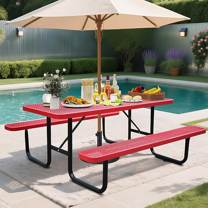 6FT Metal Picnic Tables for Outdoors, Commercial Rectangular Picnic Table and Bench Set for Outside, Patio, Garden, Backyard, Porch, Surface Mount, Red-VerdiqueGarden