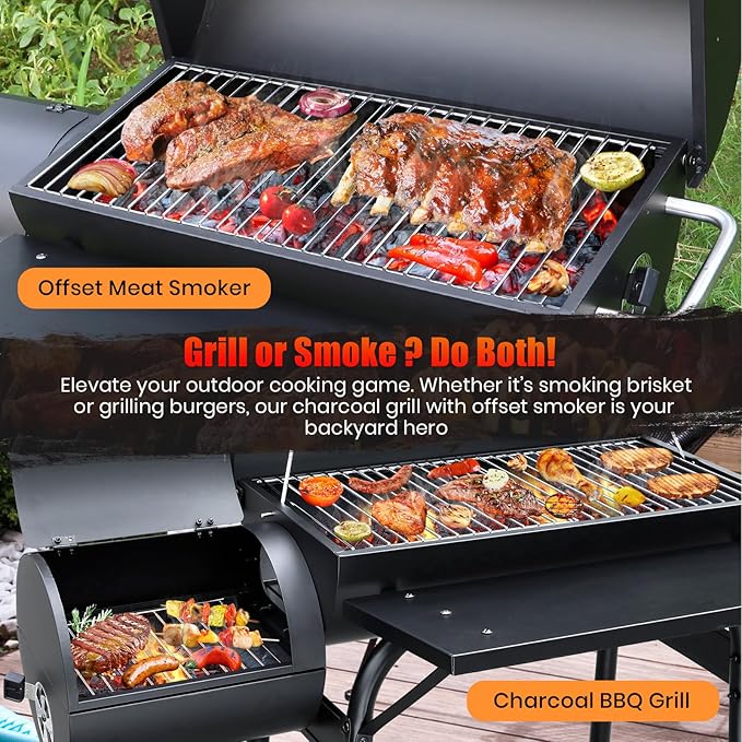 Charcoal Grill Offset Smoker: Charcoal Barbecue Grills with Spacious Cooking Area | Barrel BBQ Grill and Smokers Combo for Outdoor Patio Backyard Camping and Parties-VerdiqueGarden