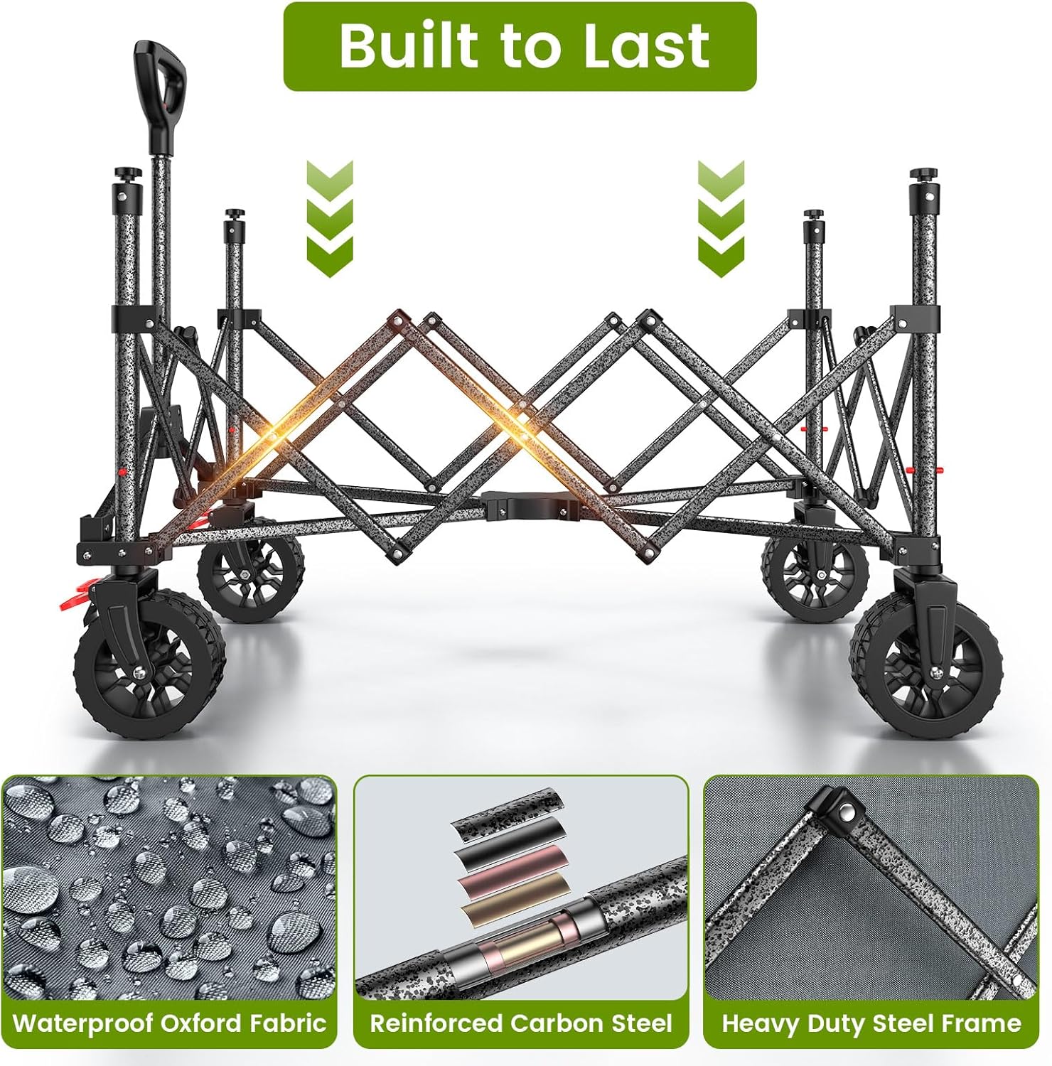 Collapsible Wagon Cart with Wider Wheels, 330lbs Heavy Duty Foldable Beach Wagon with Auto-Rebound Handle, 180L Utility Grocery Shopping Cart for Garden, Shopping, Camping, Sports, Gray-VerdiqueGarden