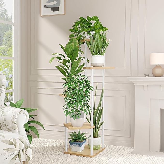 Bamworld Corner Plant Stand Indoor, Tall Metal Plant Shelf for Multiple Plants, 5 Tier Flower Stand for Patio Garden Balcony Living Room Bedroom(White)-VerdiqueGarden