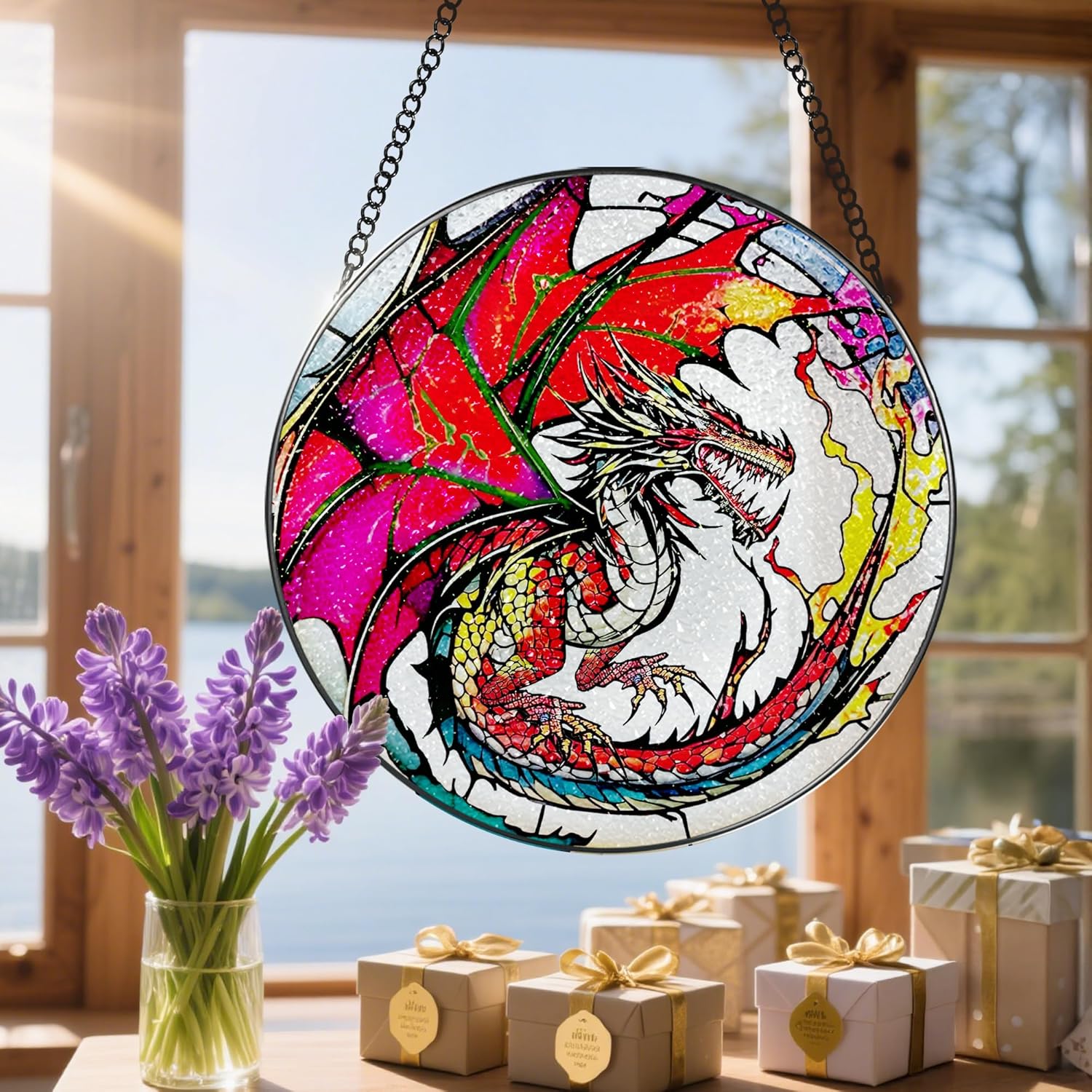 Stained Glass Window Hanging, Stained Glass Suncatcher, Dragon Sun Catcher, Window Hanging Decor, Dragon Gift, Gifts for Fathers Day, Christmas or Birthday Gift, Gifts for Him Dad Grandfather Son-VerdiqueGarden