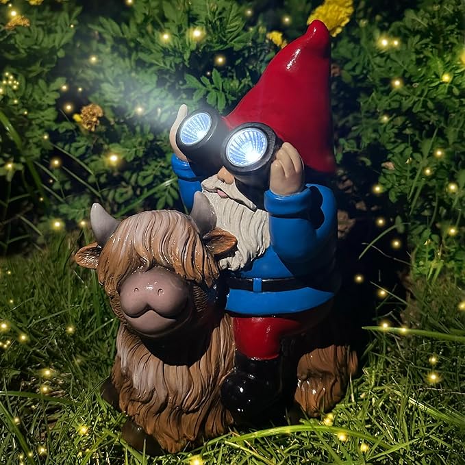 Gnome Garden Statue Solar Lights Outdoor Binoculars on Highland Cow,Birthday Gifts for Women/Men, Housewarming Gifts,Outdoor Decor for Balcony,Garden,Patio,Yard,Lawn(Cow Gnome)-VerdiqueGarden