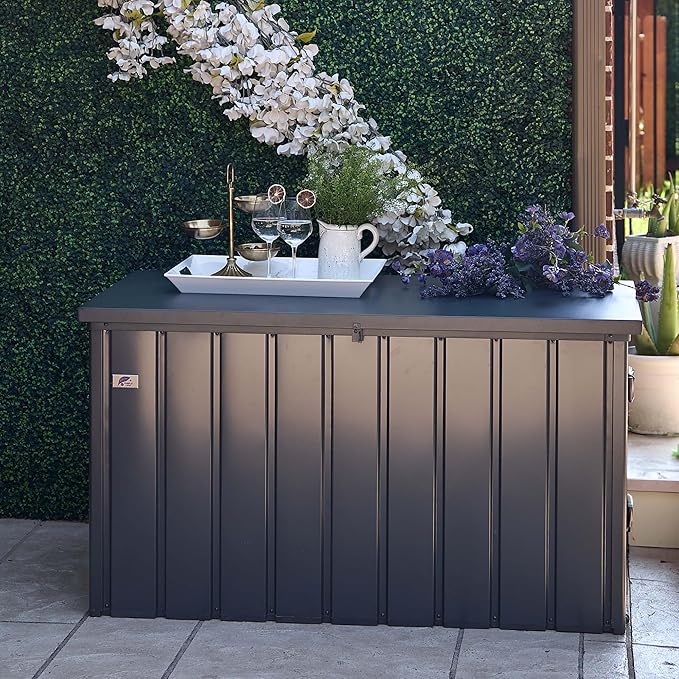 PURPLE LEAF Outdoor Deck Box 120 Gallon Waterproof Lockable Storage Box Container with Lid Deck Organization for Patio Cushions Side Table Pool Accessories Garden Tools, Gray-VerdiqueGarden