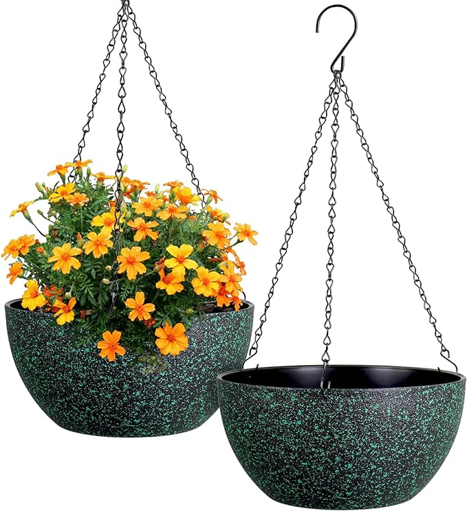 12 inch Large Hanging Planters for Indoor Outdoor Plants, 2 Pack Hanging Flower Pots with Drainage Holes and Chain, Plastic Hanging Baskets for House Plants, Black with Green Speckles-VerdiqueGarden