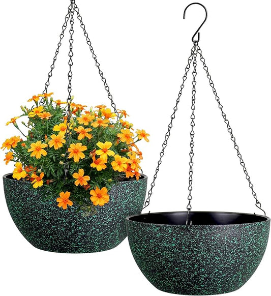 12 inch Large Hanging Planters for Indoor Outdoor Plants, 2 Pack Hanging Flower Pots with Drainage Holes and Chain, Plastic Hanging Baskets for House Plants, Black with Green Speckles-VerdiqueGarden