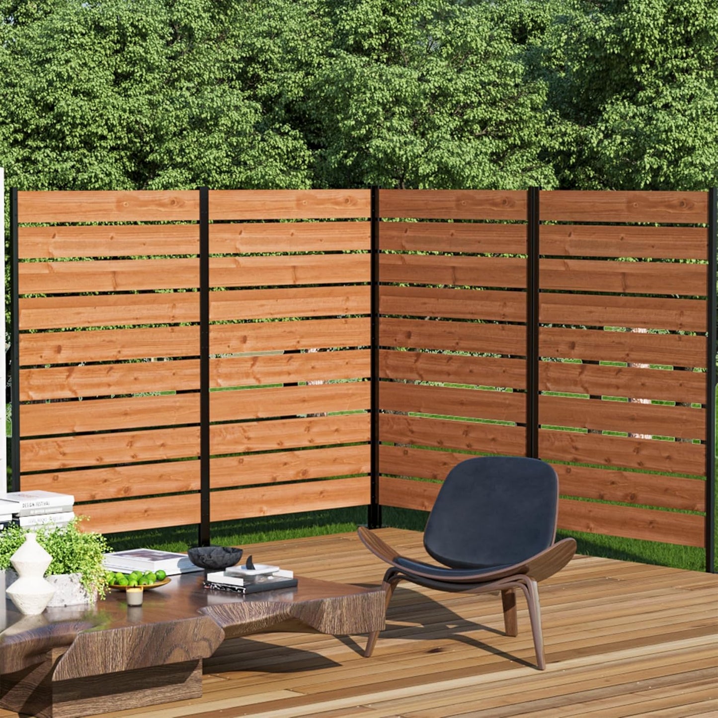 Modern Shade 5' x 3' Wood Privacy Fence Screen (4 Panel) Natural Cedar Wood, Outdoor Privacy Fence Panel for Deck Balcony, Conceals Trash Cans Air Conditioner, Ultimate Fence Privacy Screen-VerdiqueGarden