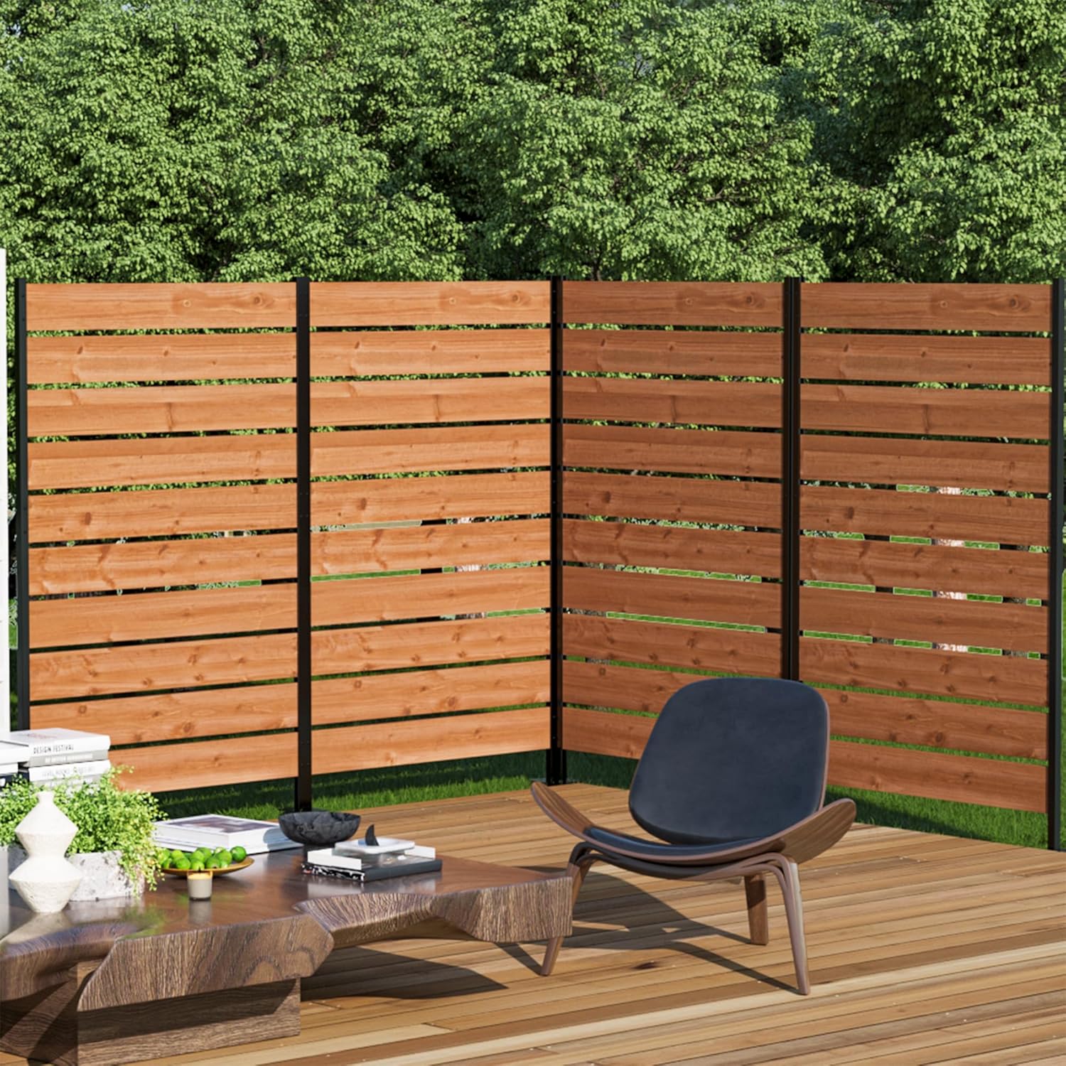 Modern Shade 5' x 3' Wood Privacy Fence Screen (4 Panel) Natural Cedar Wood, Outdoor Privacy Fence Panel for Deck Balcony, Conceals Trash Cans Air Conditioner, Ultimate Fence Privacy Screen-VerdiqueGarden