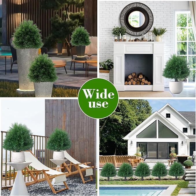 20" Artificial Cedar Topiary Ball Trees with Ground Spike, 2 Pack UV Resistant Artificial Shrubs, Fake Evergreen Artificial Plant Brush for Indoor Outdoor Front Porch Garden-VerdiqueGarden