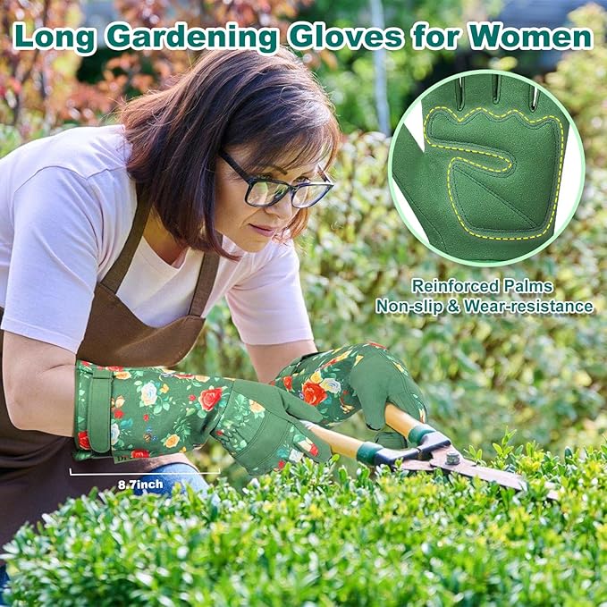 DLY Gardening Gloves,Leather Rose Gloves,Women's Long Gardening Glove for Work and Yard Work,Durable and Comfortable(Medium, Green-VerdiqueGarden